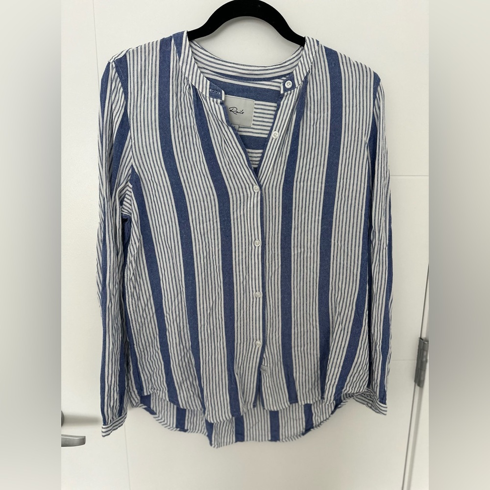 Rails Eloise Triston Stripe Top Blue White Mandarin Collar Soft Twill Blouse - Picture 2 of 6